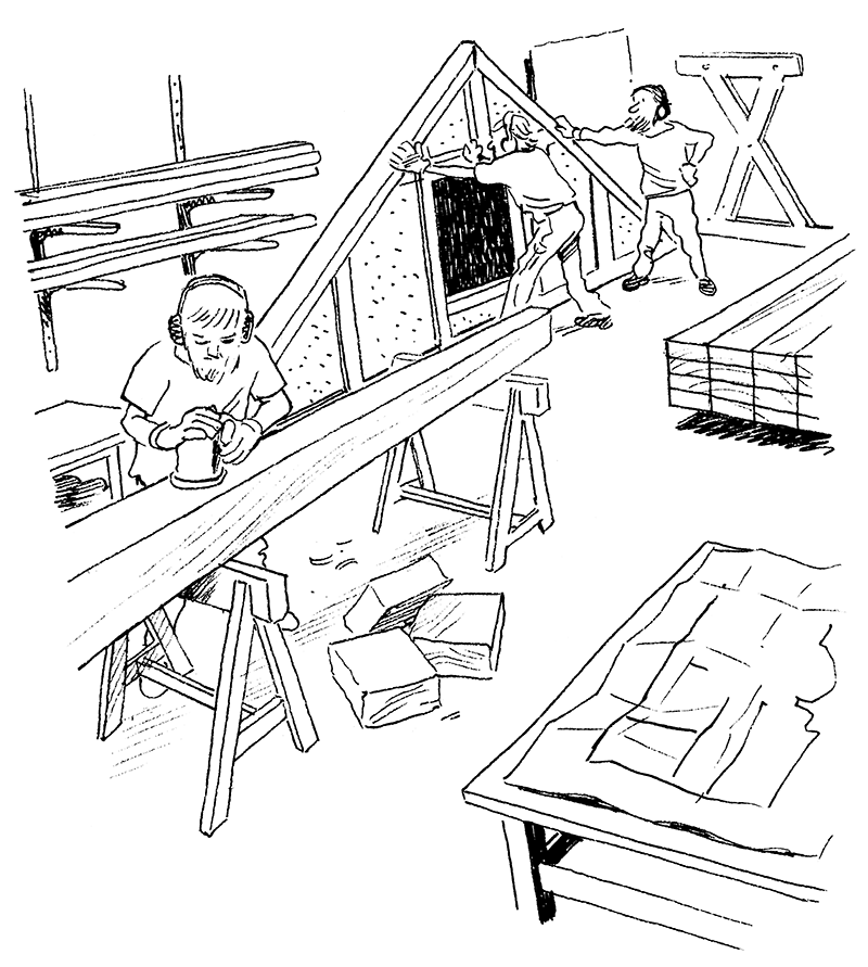 Préfabriquer les maisons bois dans l'atelier de charpente - Les étapes de la construction bois - dessin nicoby